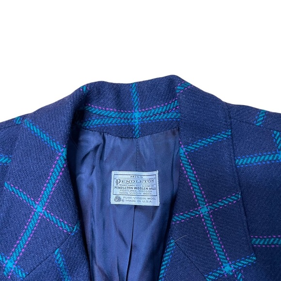 Vintage Pendleton Women’s Navy Plaid One Button Wool Blazer - Picture 3 of 4